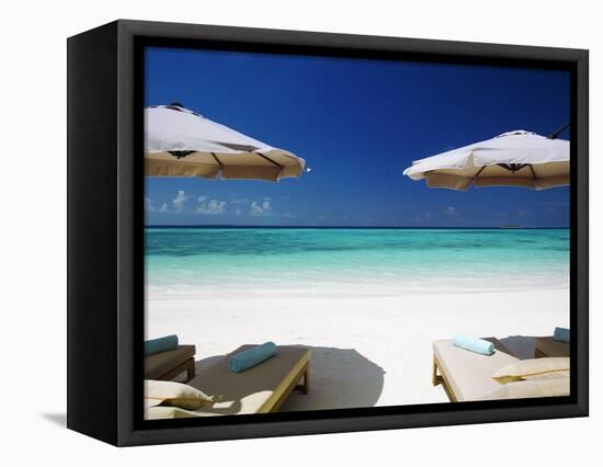 Deck Chairs and Tropical Beach, Maldives, Indian Ocean, Asia-Sakis Papadopoulos-Framed Stretched Canvas