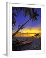 Deckchair on Tropical Beach by Palm Tree at Dusk and Blue Heron, Maldives, Indian Ocean-Papadopoulos Sakis-Framed Photographic Print