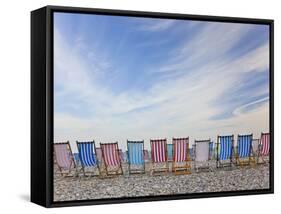 Deckchairs on Pebble Beach, Sidmouth, Devon, Uk-Peter Adams-Framed Stretched Canvas