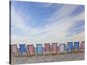 Deckchairs on Pebble Beach, Sidmouth, Devon, Uk-Peter Adams-Stretched Canvas