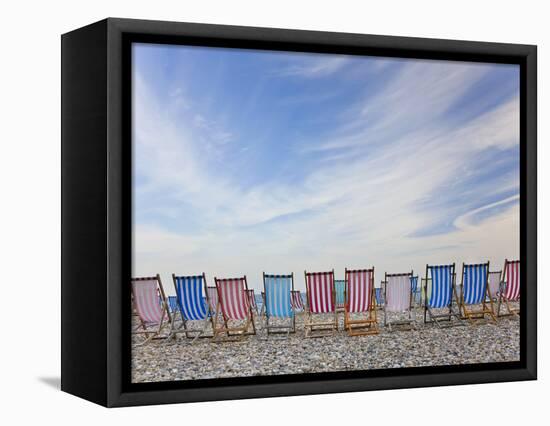 Deckchairs on Pebble Beach, Sidmouth, Devon, Uk-Peter Adams-Framed Stretched Canvas