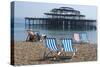 Deckchairs on the Pebble Beach Seafront with the Ruins of West Pier Brighton England-Natalie Tepper-Stretched Canvas