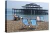 Deckchairs on the Pebble Beach Seafront with the Ruins of West Pier Brighton England-Natalie Tepper-Stretched Canvas