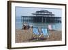 Deckchairs on the Pebble Beach Seafront with the Ruins of West Pier Brighton England-Natalie Tepper-Framed Photo