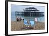 Deckchairs on the Pebble Beach Seafront with the Ruins of West Pier Brighton England-Natalie Tepper-Framed Photo