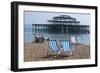 Deckchairs on the Pebble Beach Seafront with the Ruins of West Pier Brighton England-Natalie Tepper-Framed Photo