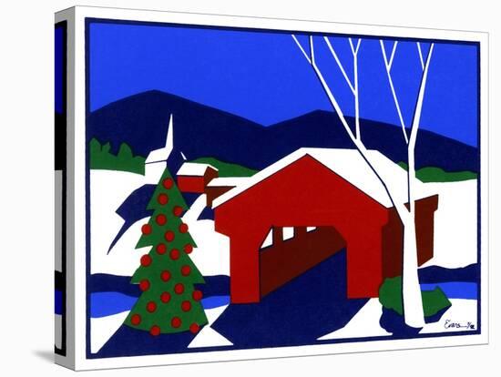 Decorated Christmas Tree Next to Covered Bridge-Crockett Collection-Stretched Canvas