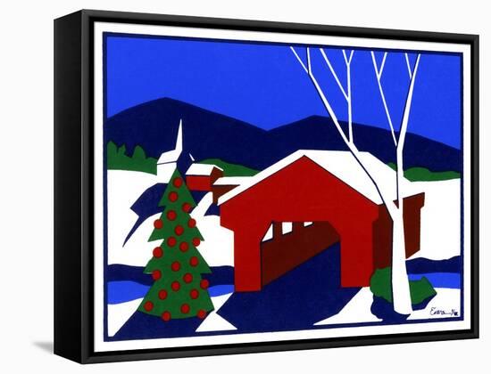 Decorated Christmas Tree Next to Covered Bridge-Crockett Collection-Framed Stretched Canvas