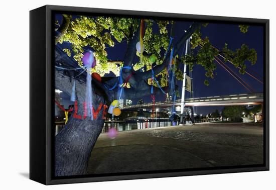 Decorated Tree of a Couple in Love in Front of Holbeinsteg, Footbridge, Frankfurt on the Main-Axel Schmies-Framed Stretched Canvas