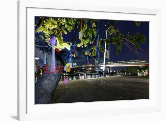 Decorated Tree of a Couple in Love in Front of Holbeinsteg, Footbridge, Frankfurt on the Main-Axel Schmies-Framed Photographic Print