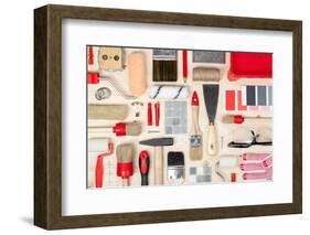 Decorating and House Renovation Tools and Accessories on Wooden Background Top View. Painter and De-123object-Framed Photographic Print