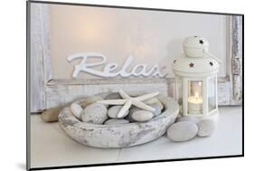 Decoration, White, Window Frame, Lettering, Relax, Lantern, Candle, Bowl, Stones, Starfish-Andrea Haase-Mounted Photographic Print