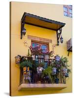 Decorative Pots on Window Balcony, Guanajuato, Mexico-Julie Eggers-Stretched Canvas