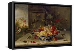 Decorative Still-Life Composition with a Porcelain Bowl, Fruit and Insects-Jan van Kessel the Elder-Framed Stretched Canvas
