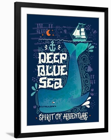 Deep Blue Sea. Hand Drawn Nautical Vintage Label with a Whale, Boat, Anchor, Lettering and Decorati-Julia Henze-Framed Art Print