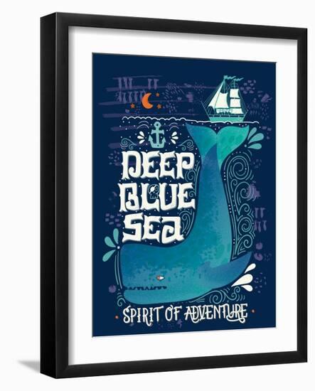 Deep Blue Sea. Hand Drawn Nautical Vintage Label with a Whale, Boat, Anchor, Lettering and Decorati-Julia Henze-Framed Art Print