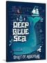 Deep Blue Sea. Hand Drawn Nautical Vintage Label with a Whale, Boat, Anchor, Lettering and Decorati-Julia Henze-Stretched Canvas