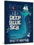 Deep Blue Sea. Hand Drawn Nautical Vintage Label with a Whale, Boat, Anchor, Lettering and Decorati-Julia Henze-Stretched Canvas