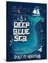 Deep Blue Sea. Hand Drawn Nautical Vintage Label with a Whale, Boat, Anchor, Lettering and Decorati-Julia Henze-Stretched Canvas