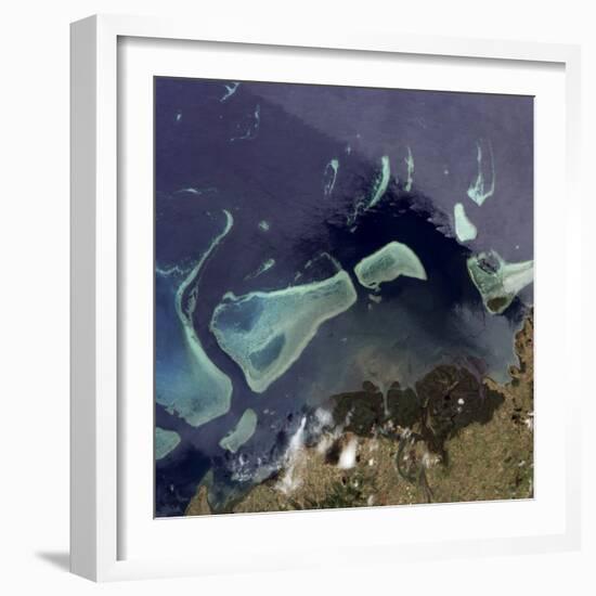 Deep Green Forest on Land and the Delicate Turquoise Coral Reef in the Ocean of Viti Levu, Fiji-null-Framed Photographic Print