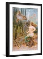 Deep Sea Diver with a Mermaid and a Shark-null-Framed Giclee Print