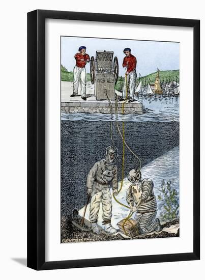 Deep-Sea Divers, Showing Air-Pump Supplying Oxygen From Land, 1800s-null-Framed Giclee Print