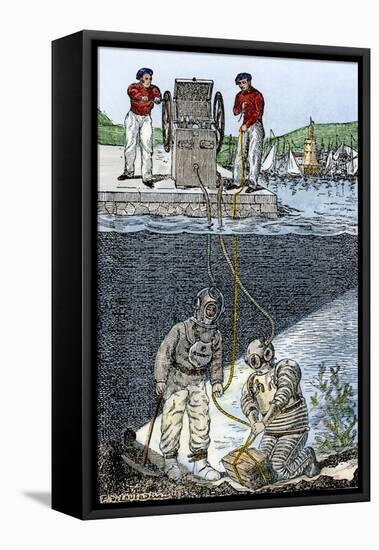 Deep-Sea Divers, Showing Air-Pump Supplying Oxygen From Land, 1800s-null-Framed Stretched Canvas