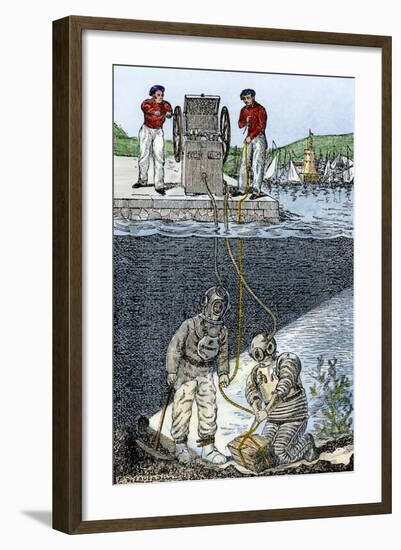 Deep-Sea Divers, Showing Air-Pump Supplying Oxygen From Land, 1800s-null-Framed Giclee Print