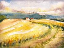 Country Landscape with Typical Tuscan Hills in Italy. Watercolors Painting.-DeepGreen-Framed Art Print