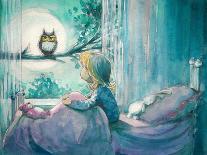 Girl in Her Bed Looking at Owl on a Tree.Picture Created with Watercolors-DeepGreen-Laminated Art Print