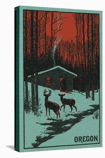 Deer and Cabin in Winter - Oregon Woodblock-Lantern Press-Stretched Canvas