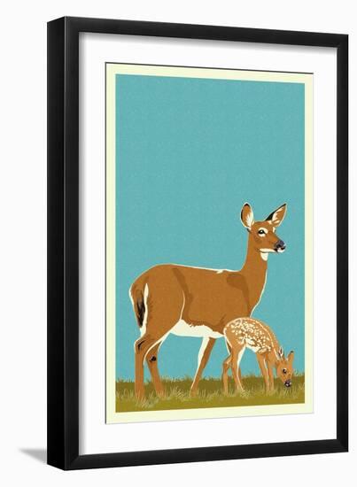 Deer and Fawn - Version #2-Lantern Press-Framed Art Print