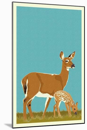 Deer and Fawn - Version #2-Lantern Press-Mounted Art Print