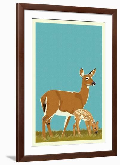 Deer and Fawn - Version #2-Lantern Press-Framed Art Print