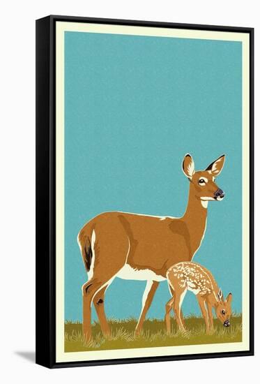 Deer and Fawn - Version #2-Lantern Press-Framed Stretched Canvas