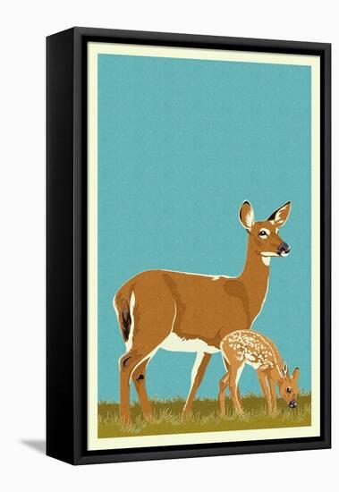 Deer and Fawn - Version #2-Lantern Press-Framed Stretched Canvas