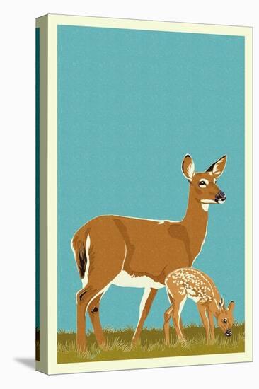 Deer and Fawn - Version #2-Lantern Press-Stretched Canvas