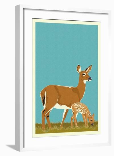 Deer and Fawn - Version #2-Lantern Press-Framed Art Print