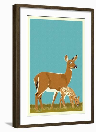 Deer and Fawn - Version #2-Lantern Press-Framed Art Print