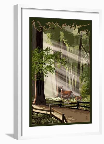Deer and Fawns in Forest-Lantern Press-Framed Art Print
