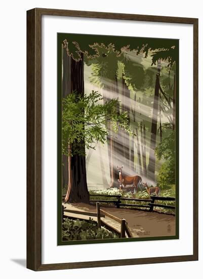 Deer and Fawns in Forest-Lantern Press-Framed Art Print