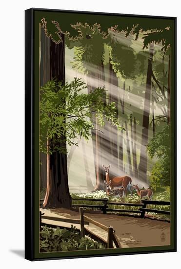 Deer and Fawns in Forest-Lantern Press-Framed Stretched Canvas