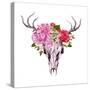 Deer Animal Skull with Flowers and Feathers. Watercolor in Vintage Style-Le Panda-Stretched Canvas