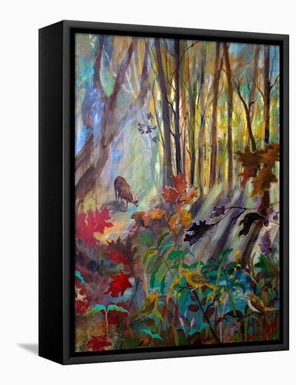 Deer at Water in Woods-Robin Maria-Framed Stretched Canvas