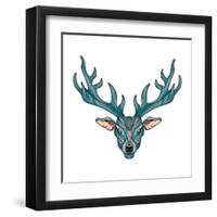 Deer Bright Colorful Head with Horns for T-Shirt, Tattoo, Print, Fabric, Poster and Illustrations.-BarsRsind-Framed Art Print