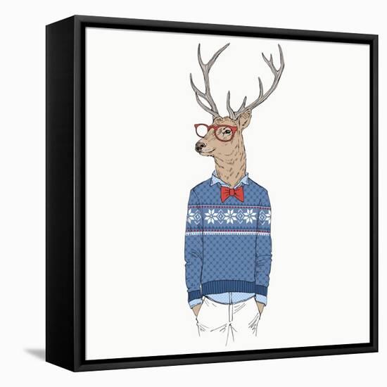 Deer Dressed up in Pullover-Olga_Angelloz-Framed Stretched Canvas