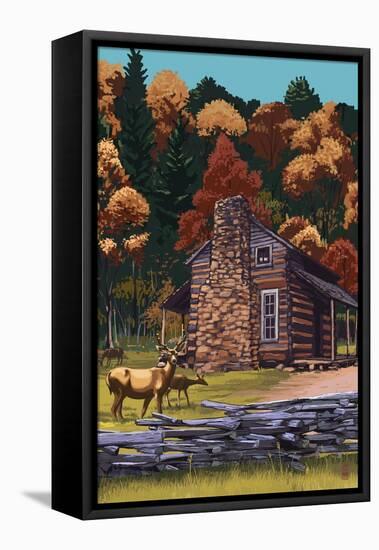 Deer Family and Cabin-Lantern Press-Framed Stretched Canvas