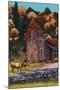 Deer Family and Cabin-Lantern Press-Mounted Art Print