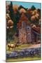 Deer Family and Cabin-Lantern Press-Mounted Art Print