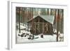 Deer Hanging by Rustic Cabin in Winter-null-Framed Art Print